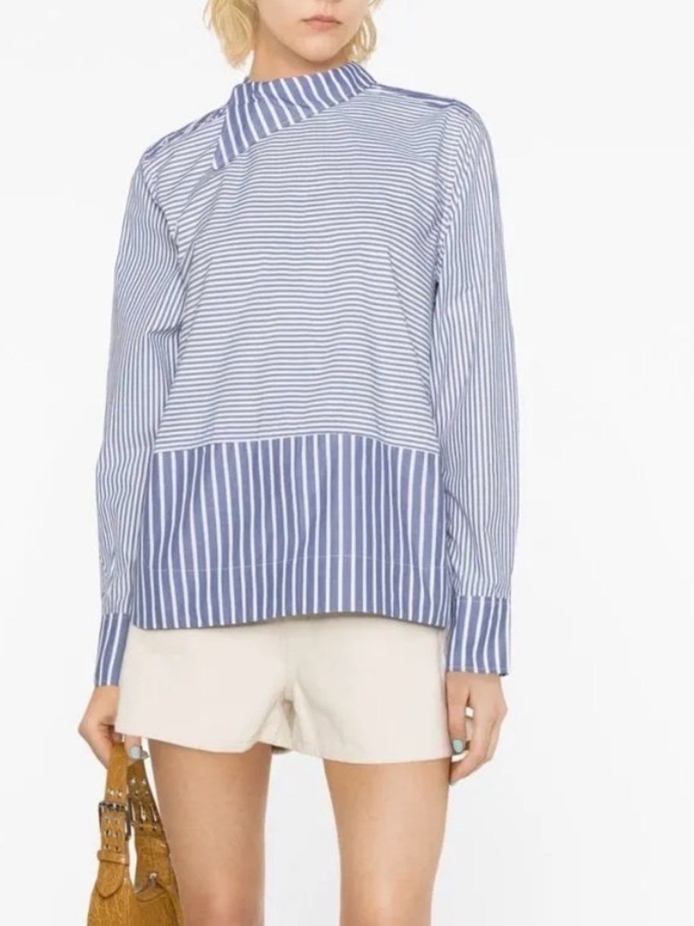 GANNI Cotton Poplin Asymmetrical Collar Shirt Striped Blouse Blue & White Small